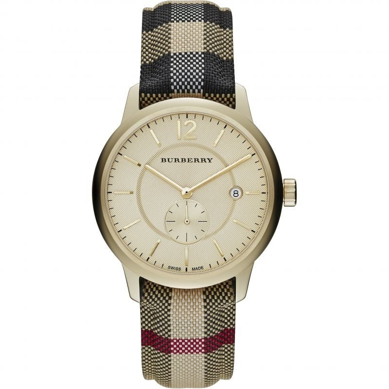 Burberry BU10001 The City watch front view with multicolour strap and gold dial