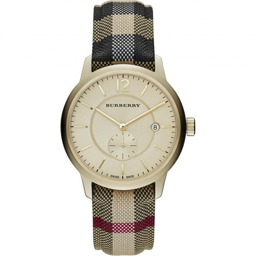 Burberry BU10001 The City watch front view with multicolour strap and gold dial