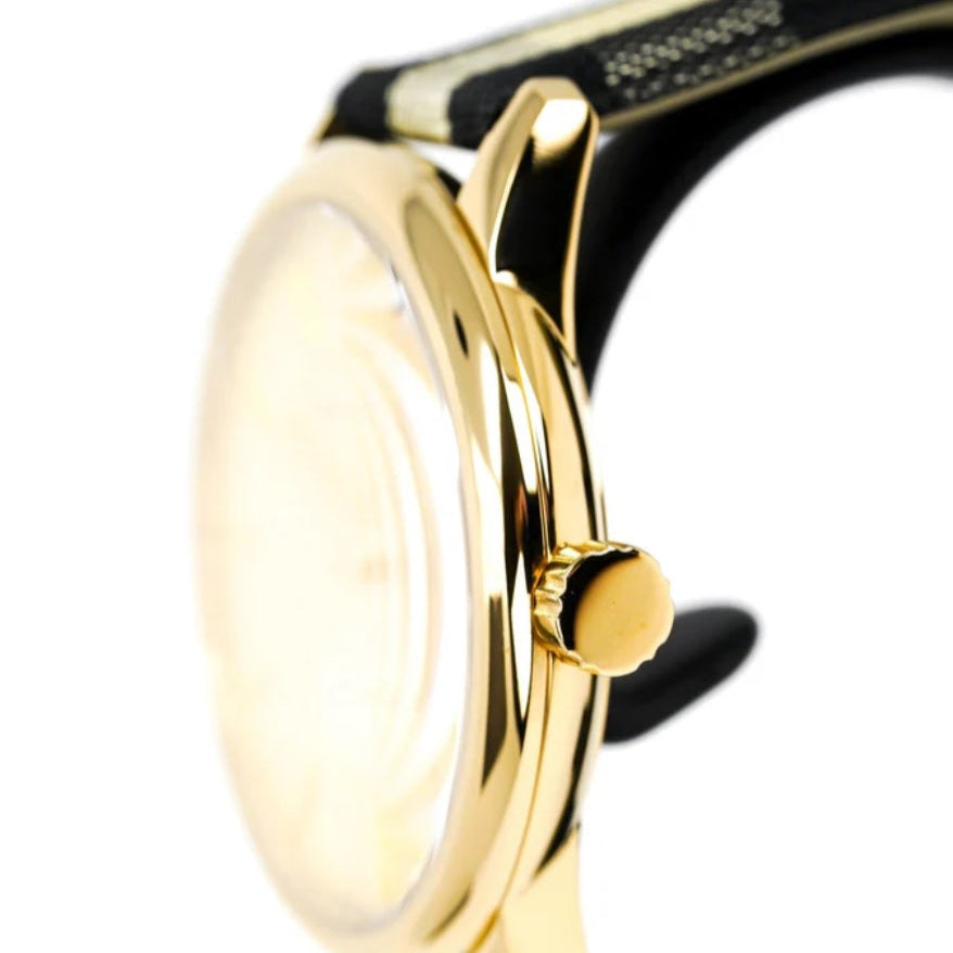Burberry BU10001 side view with multicolour strap and gold dial