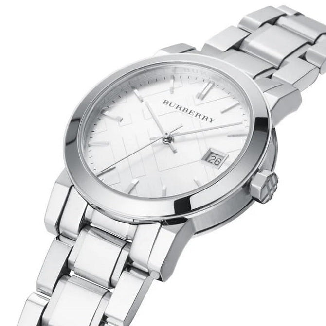 Burberry BU9100 silver dial detailed close-up