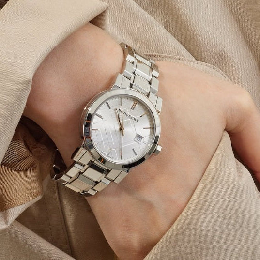 Burberry BU9100 silver watch on wrist