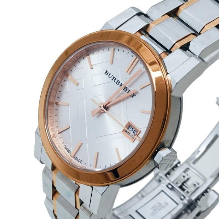 Burberry BU9105 silver dial close-up with rose gold bezel