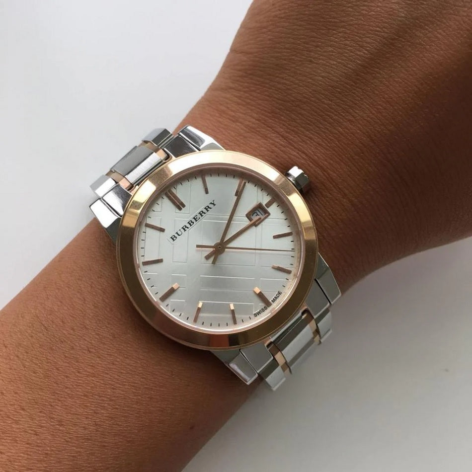 Burberry BU9105 The City silver and rose gold watch on wrist