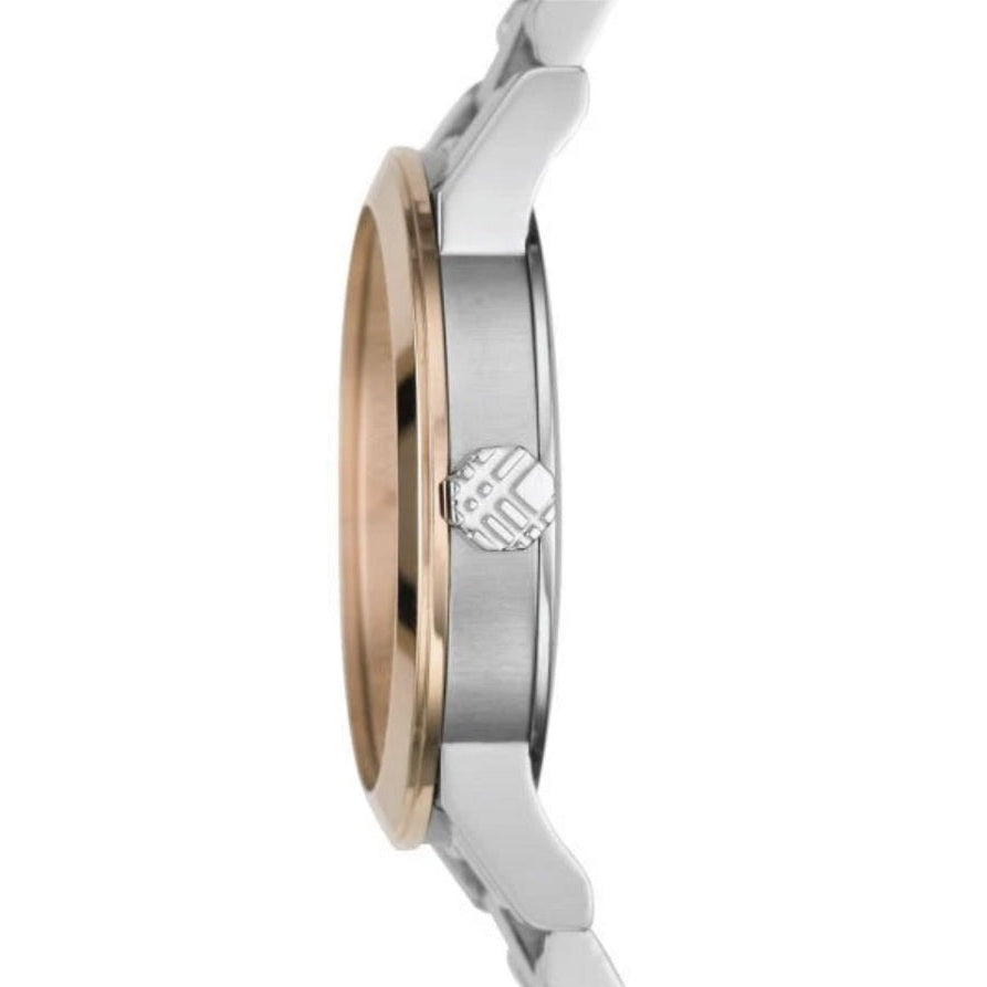 Burberry BU9105 silver and rose gold watch side profile