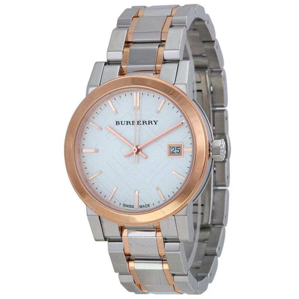 Burberry BU9105 The City silver and rose gold watch front view with silver dial