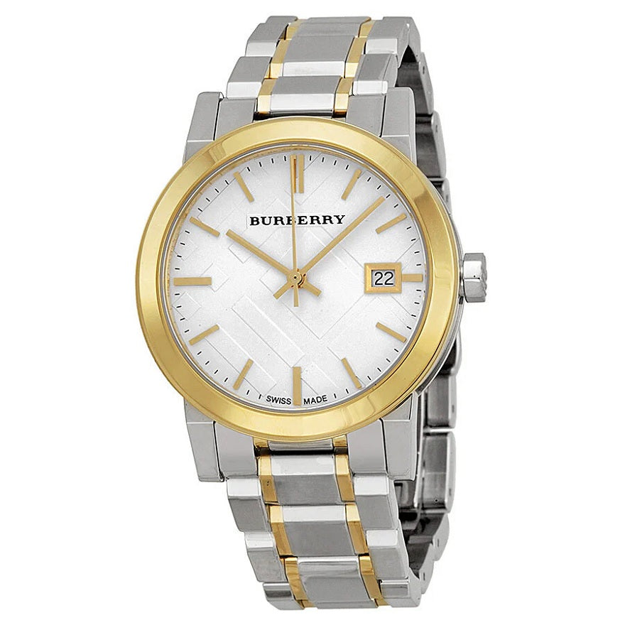 Burberry BU9115 two-tone watch silver dial close-up