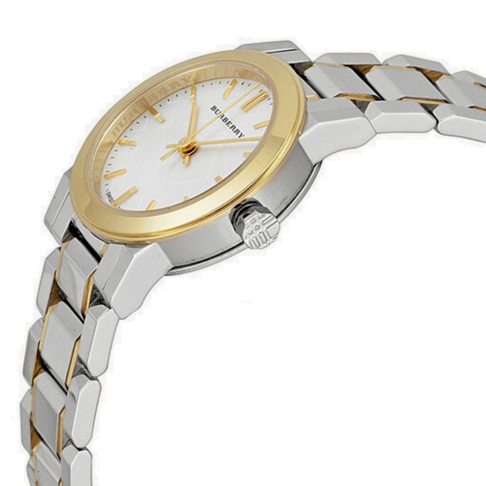 Burberry BU9217 white dial close-up with gold-tone hands