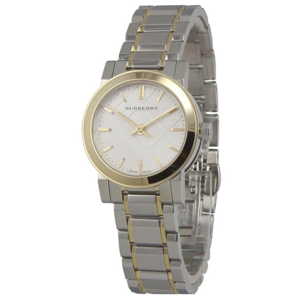 Burberry BU9217 The City two-tone watch front view with white dial and gold bezel