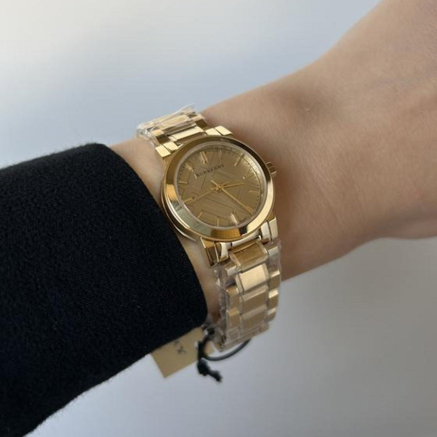 Burberry BU9227 gold watch on wrist