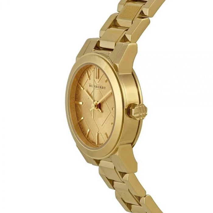 Burberry BU9227 gold strap and gold dial watch side view