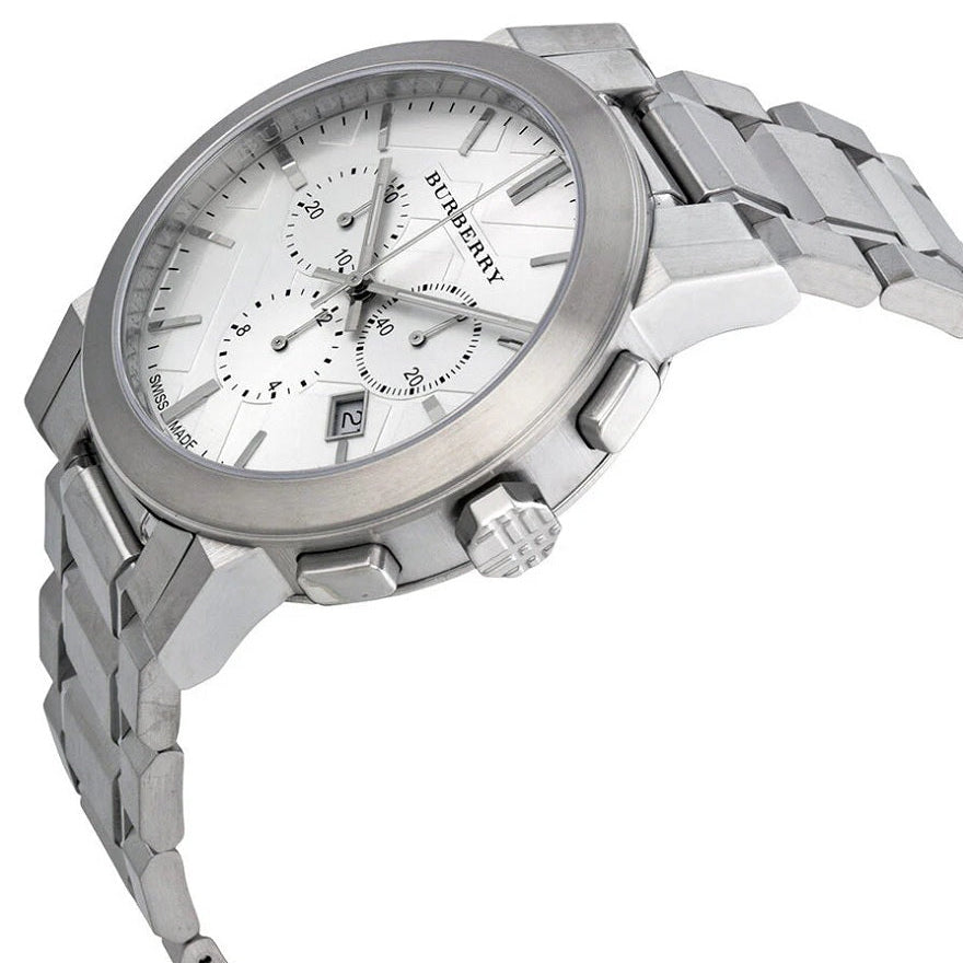 Burberry BU9350 angled view with silver dial and stainless steel bracelet