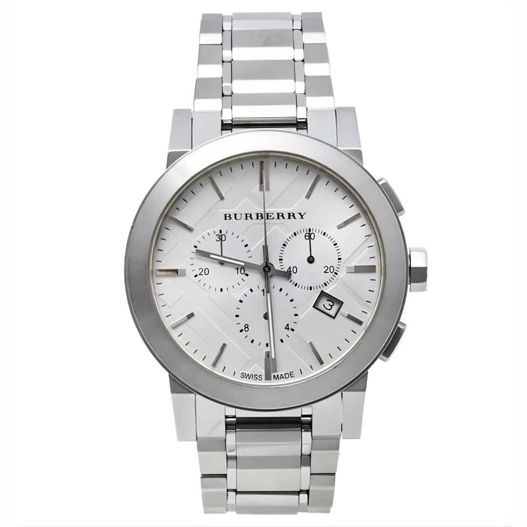 Burberry BU9350 The City silver chronograph dial close-up