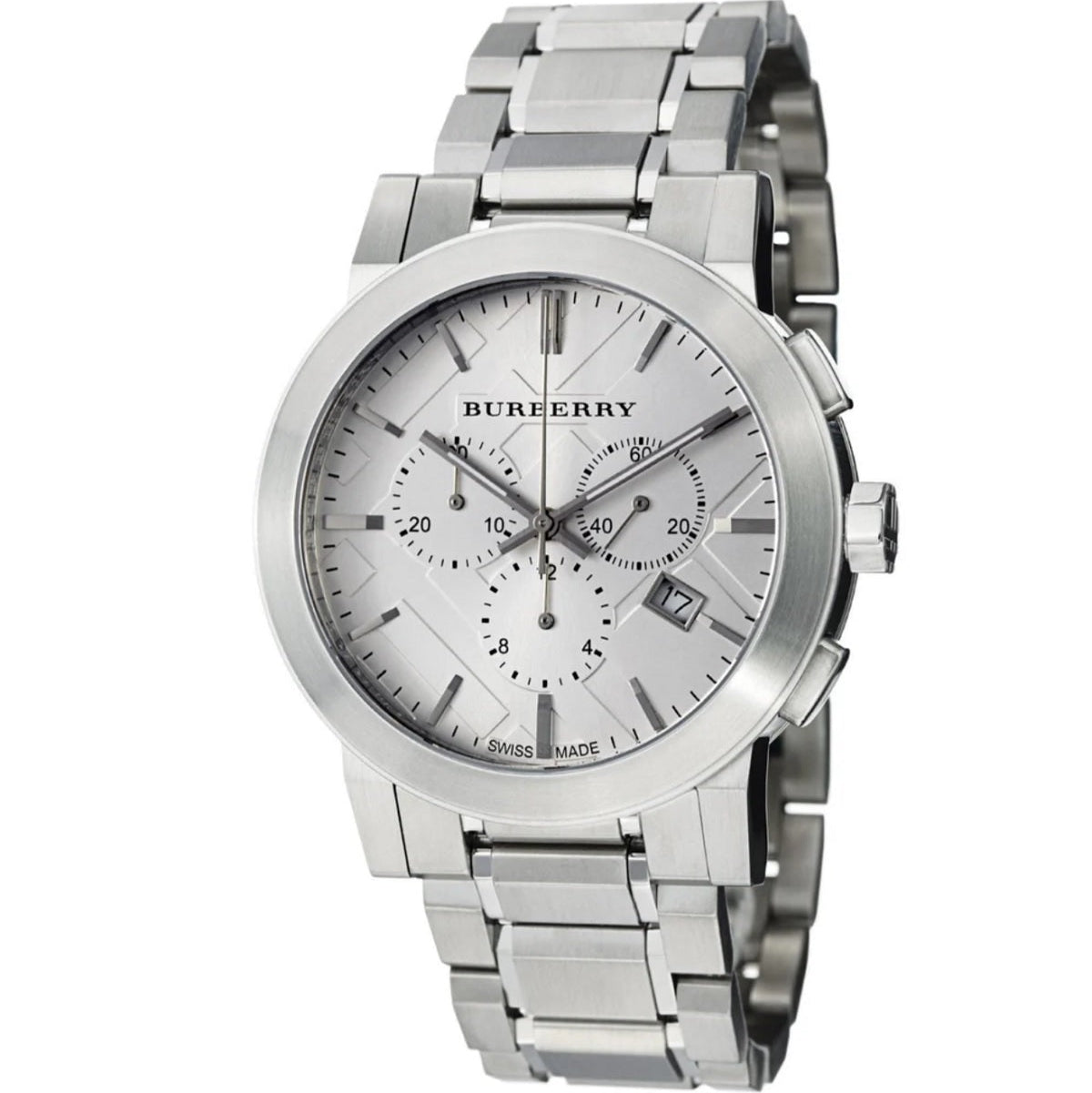 Burberry BU9350 The City silver chronograph watch front view