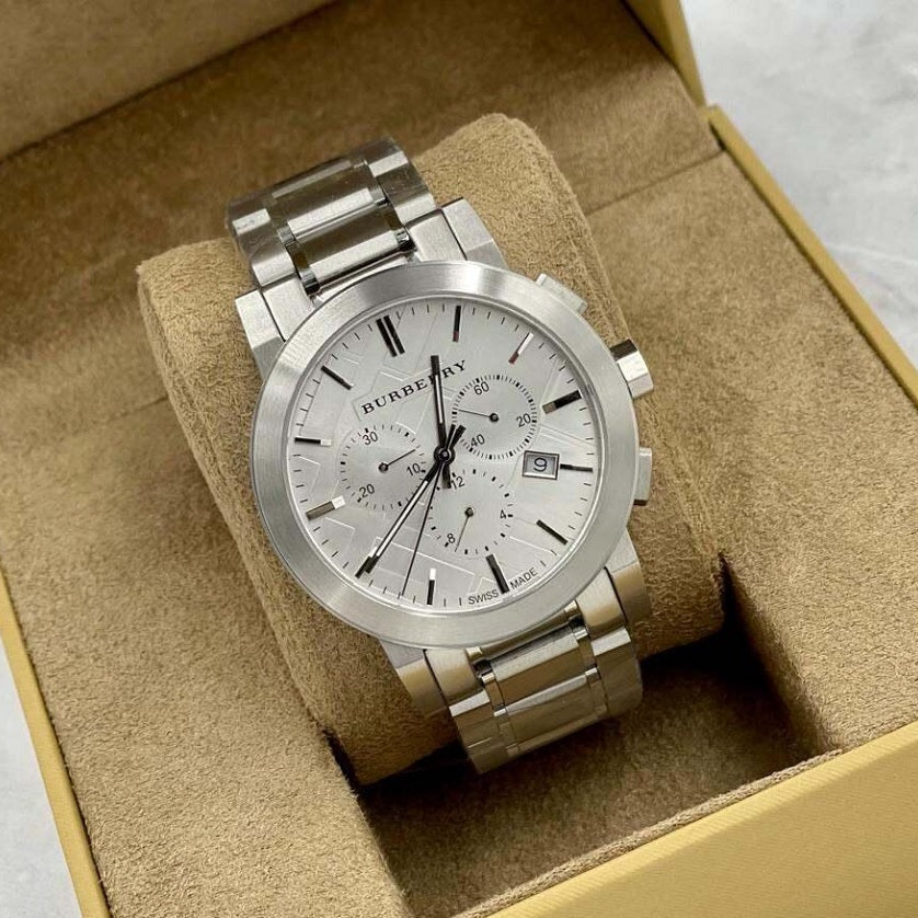 Burberry BU9350 watch on branded pillow