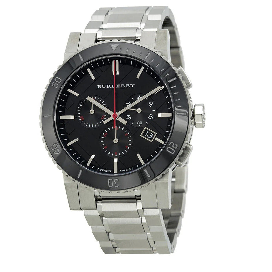 Burberry BU9380 watch side front view with stainless steel silver bracelet