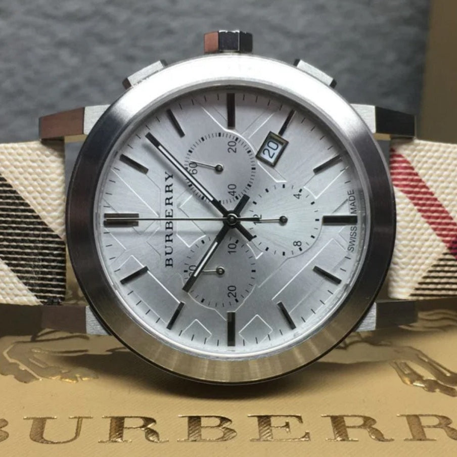 Burberry BU9357 silver dial close-up