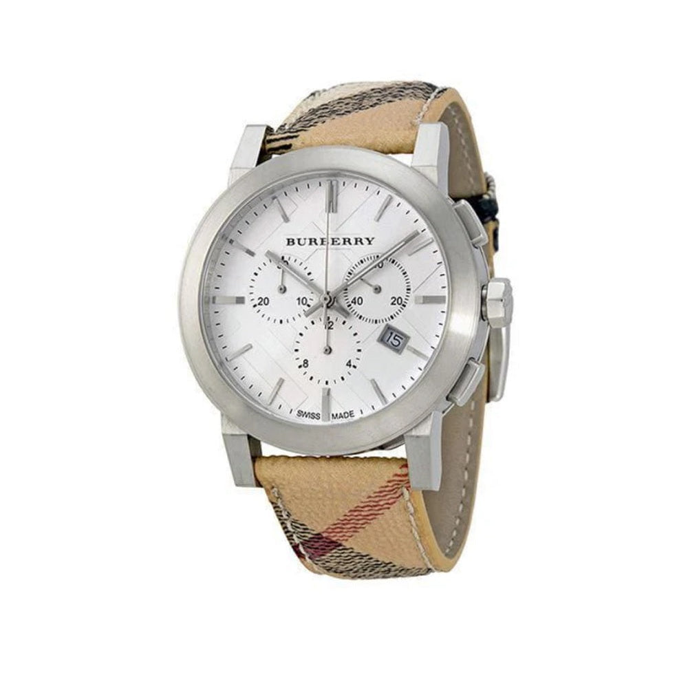Burberry BU9357 watch general view showing multicolour leather and fabric strap