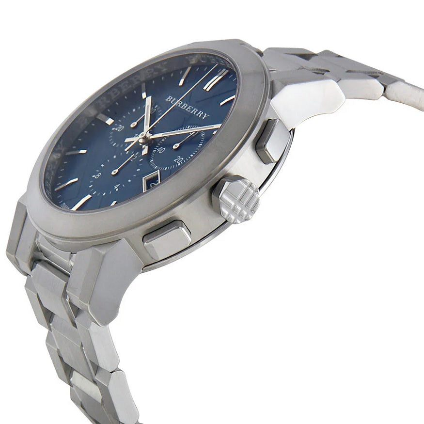 Burberry BU9363 angled view with blue dial and silver stainless steel bracelet