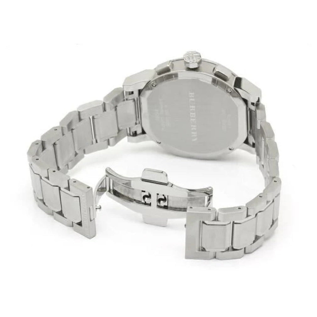 Burberry BU9363 open clasp view with silver stainless steel bracelet