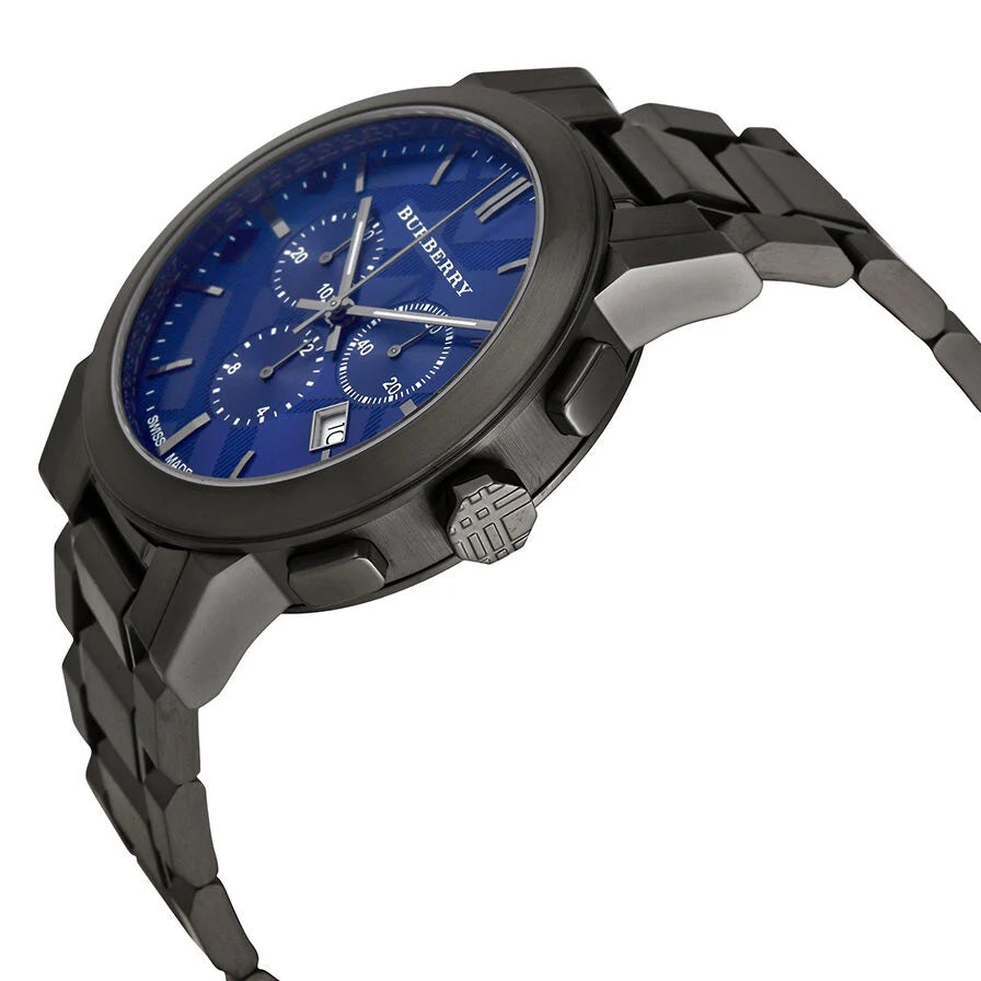 Burberry BU9365 angled view with blue dial and grey stainless steel bracelet