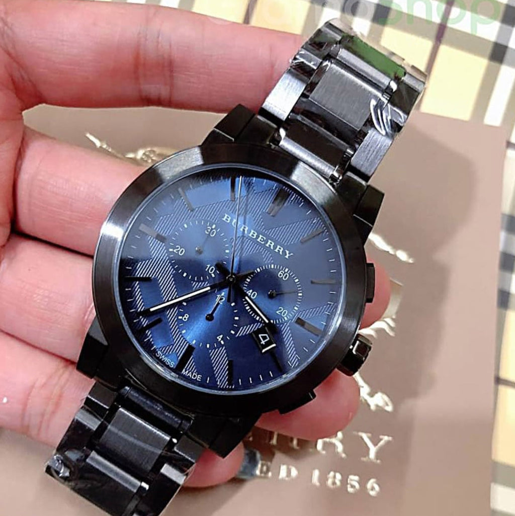Burberry BU9365 front-facing watch with blue dial and grey strap