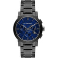 Burberry BU9365 The City watch front view with blue dial and grey stainless steel bracelet