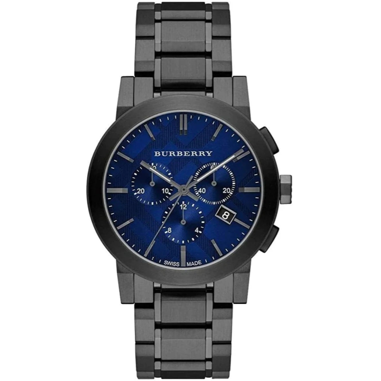 Burberry BU9365 The City watch front view with blue dial and grey stainless steel bracelet