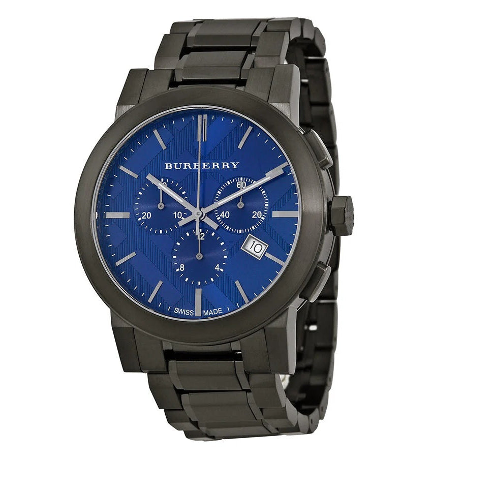 Burberry BU9365 watch full display with grey bracelet and blue dial