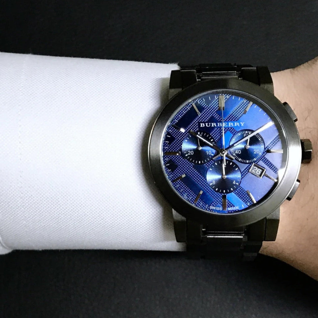 Burberry BU9365 watch on wrist with blue dial