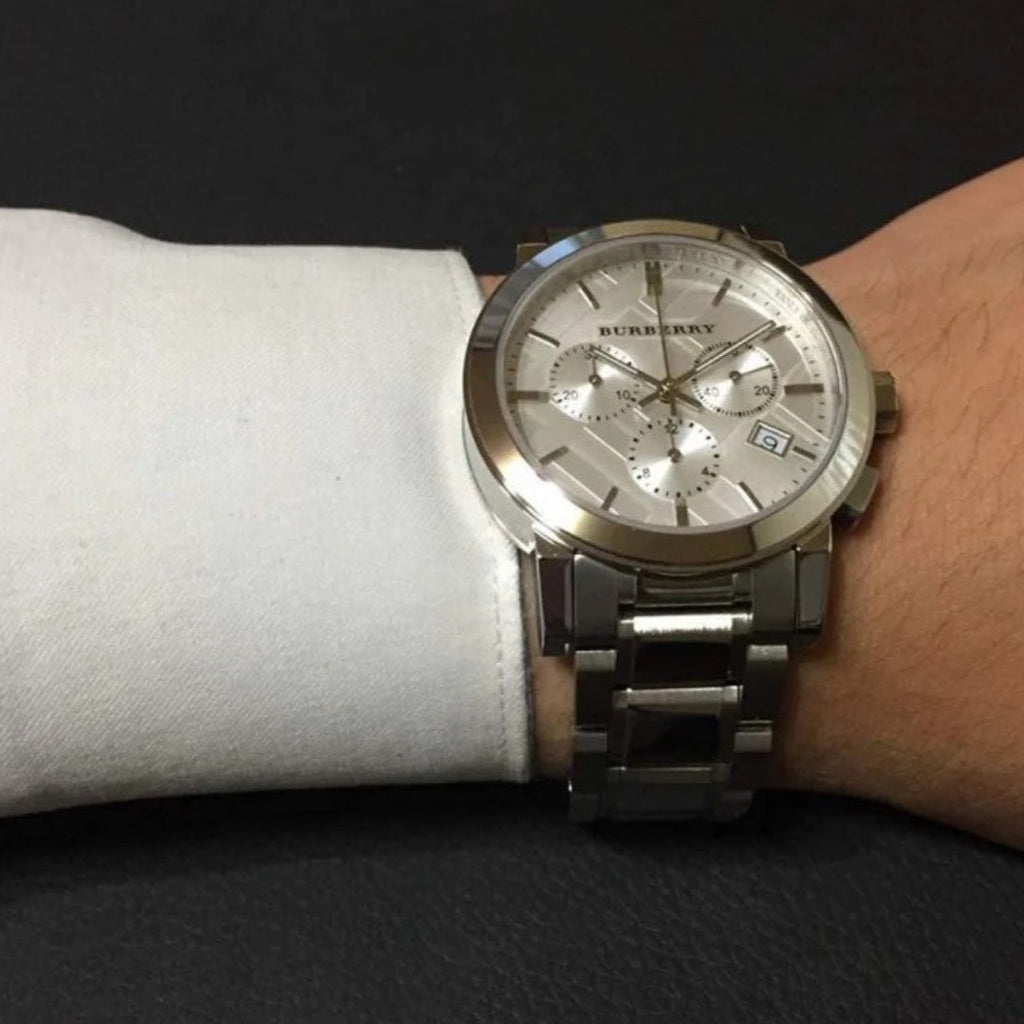 Burberry BU9750 silver watch on wrist