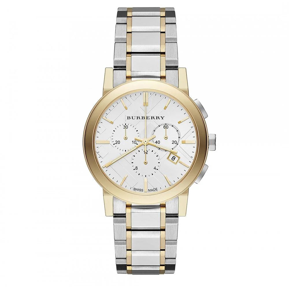 Burberry BU9751 The City watch silver dial close-up with two-tone bracelet