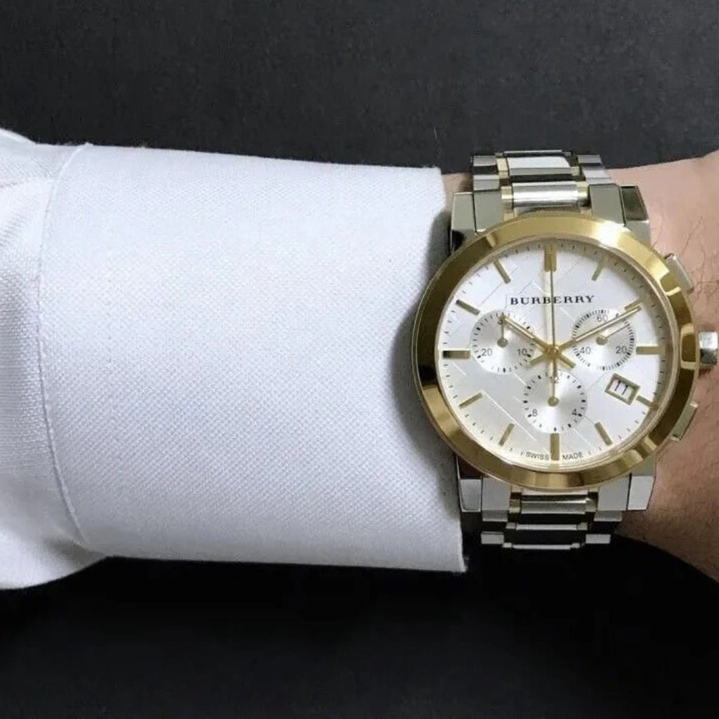 Burberry BU9751 watch on wrist close-up with two-tone bracelet