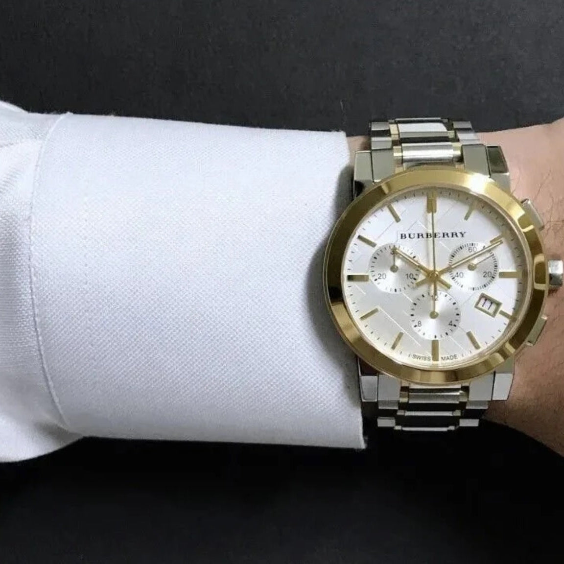 Burberry BU9751 watch on wrist close-up with two-tone bracelet
