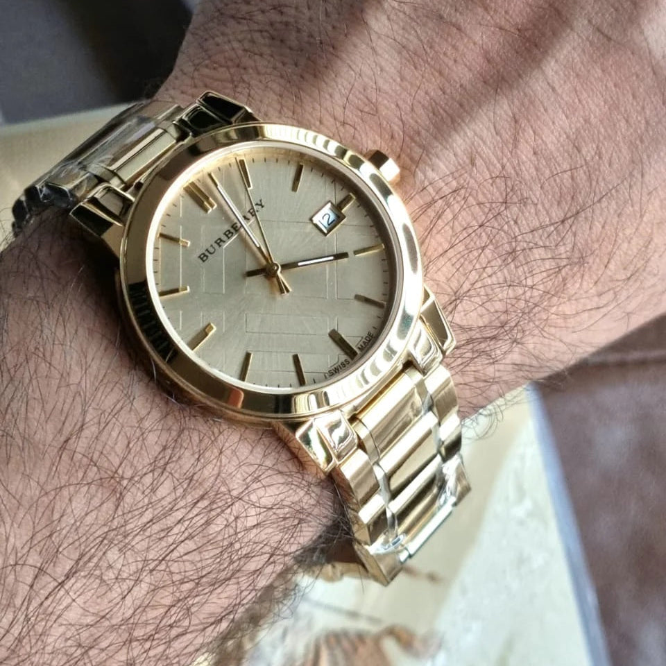 Burberry BU9033 The City gold watch on wrist view