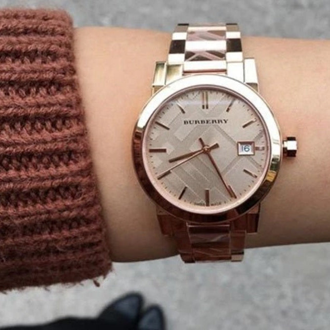 Burberry BU9146 rose gold watch on wrist