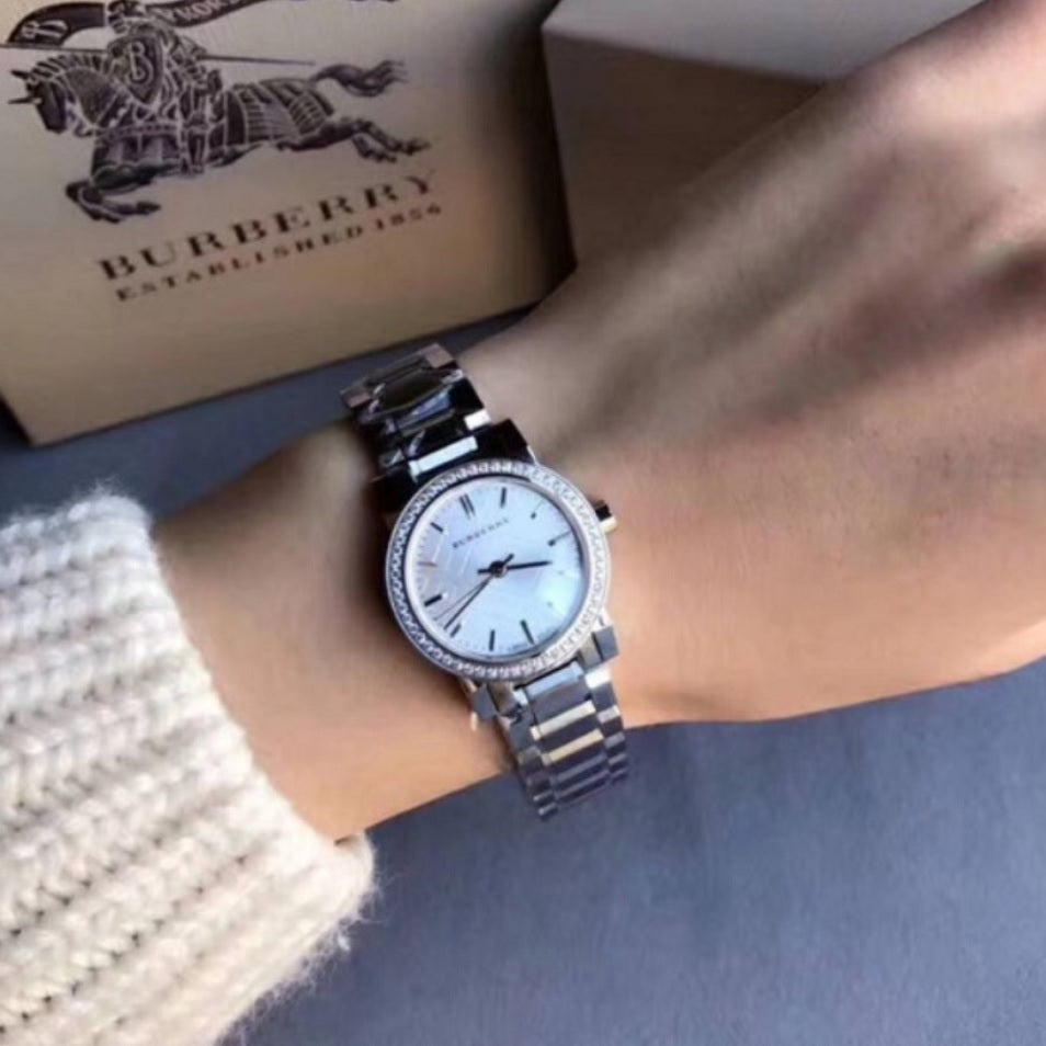 Burberry BU9220 silver watch on wrist