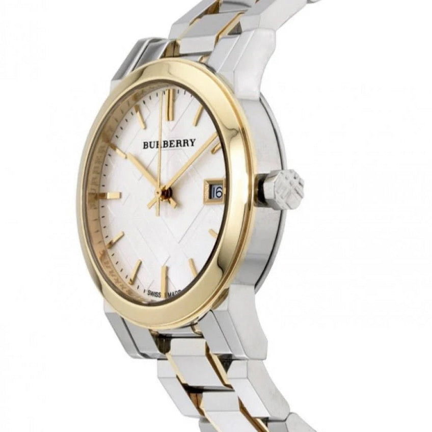 Burberry BU9115 two-tone silver and gold watch angled view