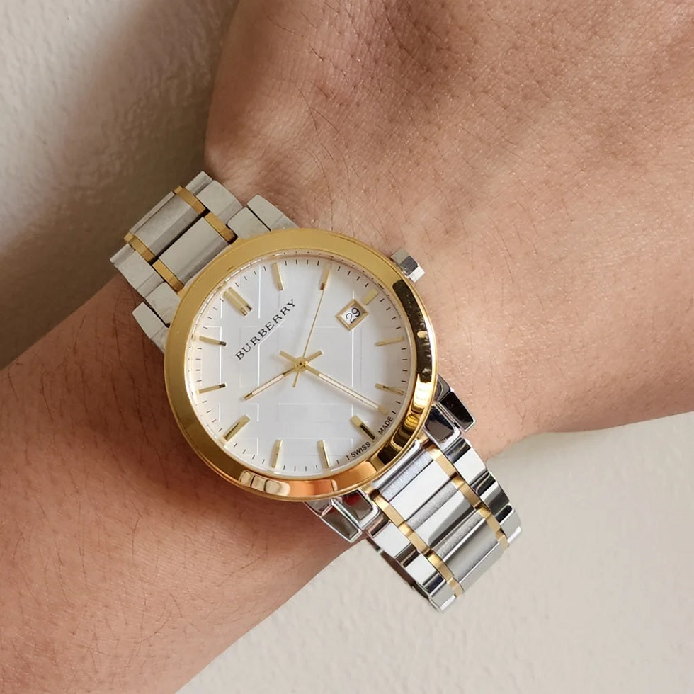 Burberry BU9115 two-tone watch on wrist