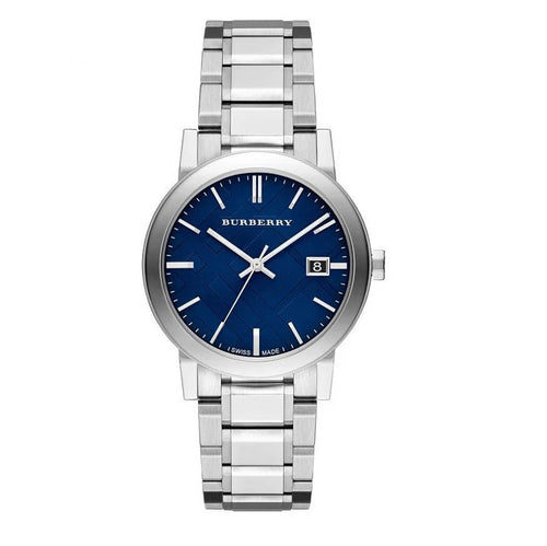 Burberry BU9031 The City silver watch front view with blue dial