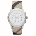 Burberry BU9357 The City watch front view with silver dial and multicolour strap