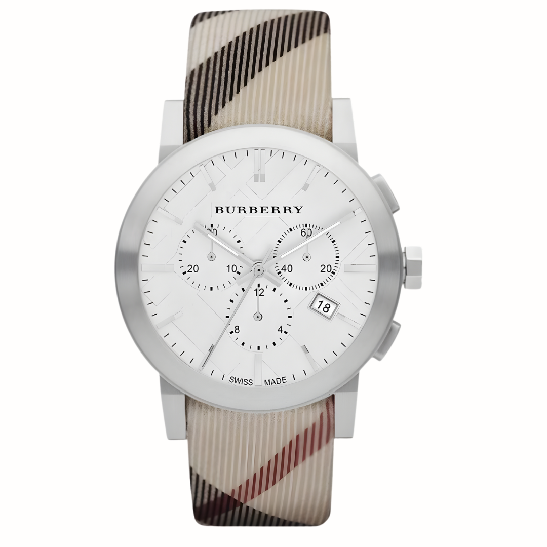 Burberry BU9357 The City watch front view with silver dial and multicolour strap