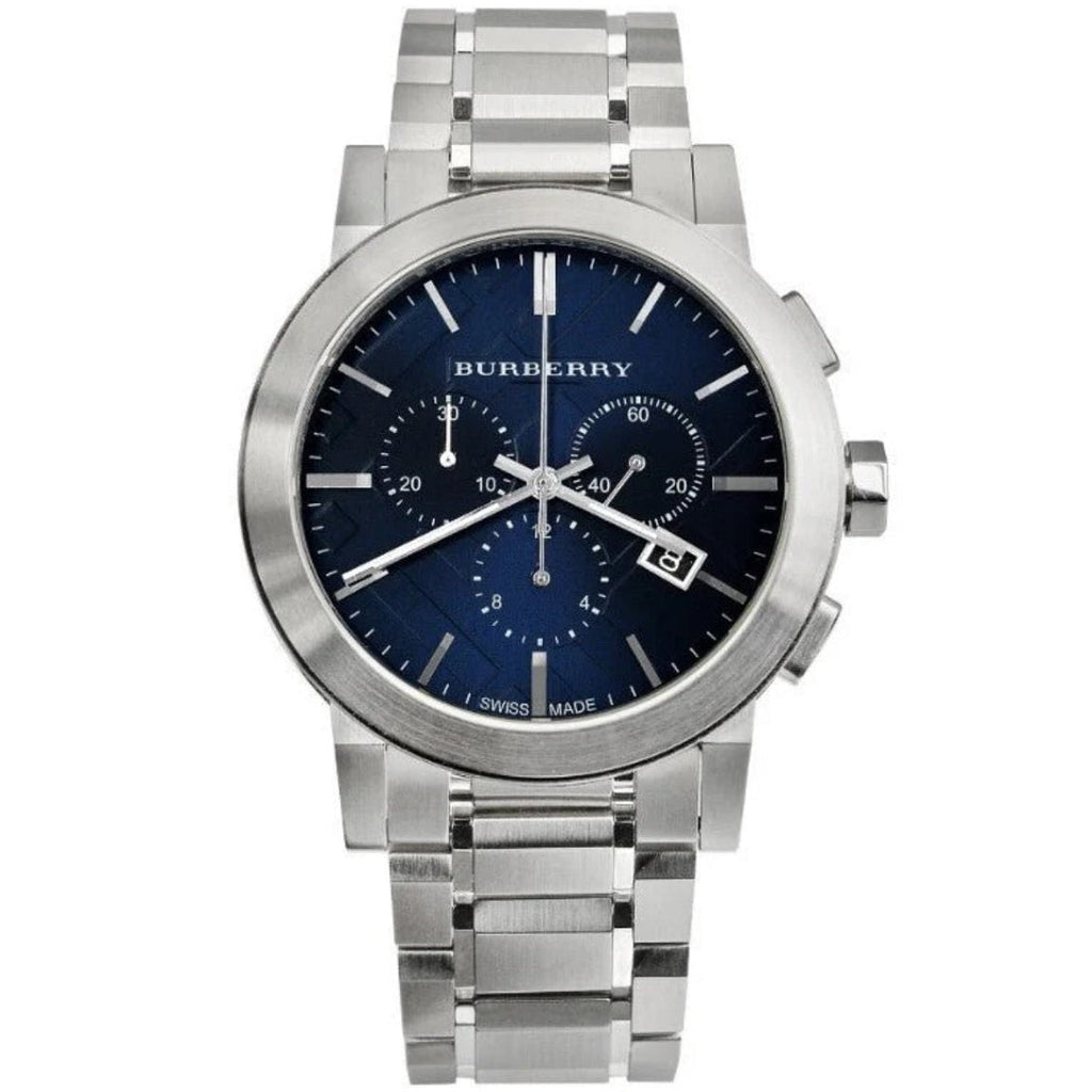 Burberry BU9363 The City watch front view with blue dial and silver stainless steel bracelet