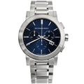 Burberry BU9363 The City watch front view with blue dial and silver stainless steel bracelet