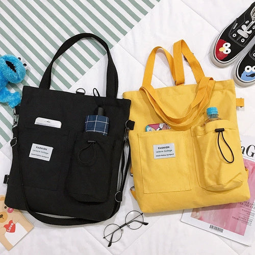 Kenike Harajuku canvas student shoulder bag with pockets colour options