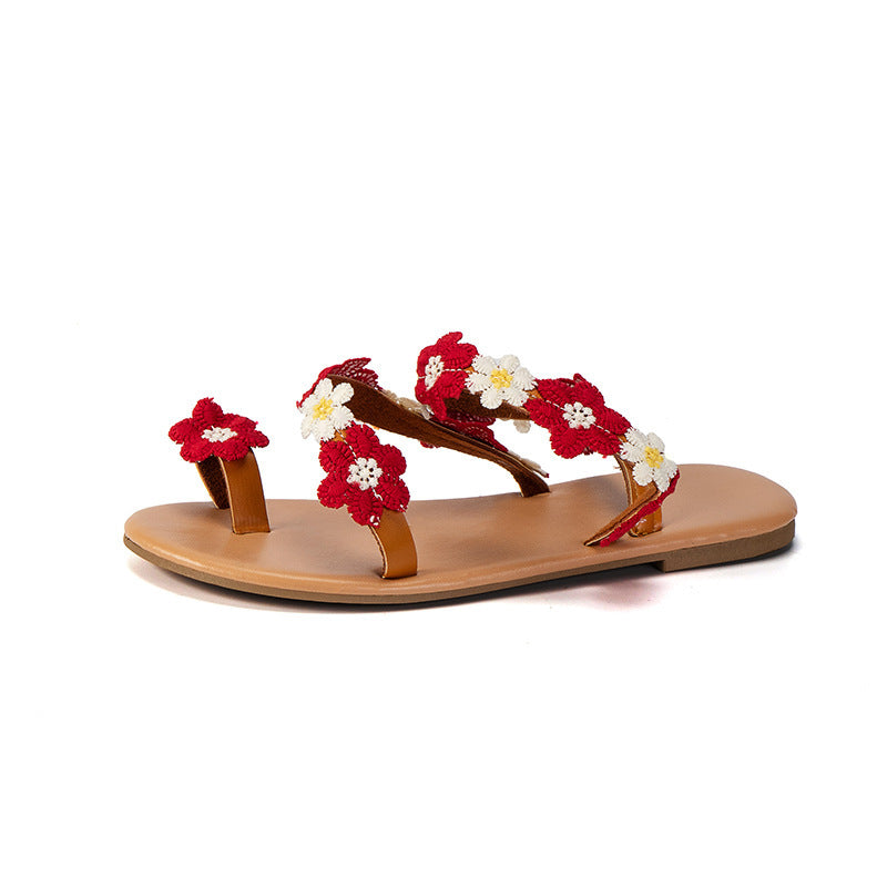 Kenike red flat flower toe ring sandals variant