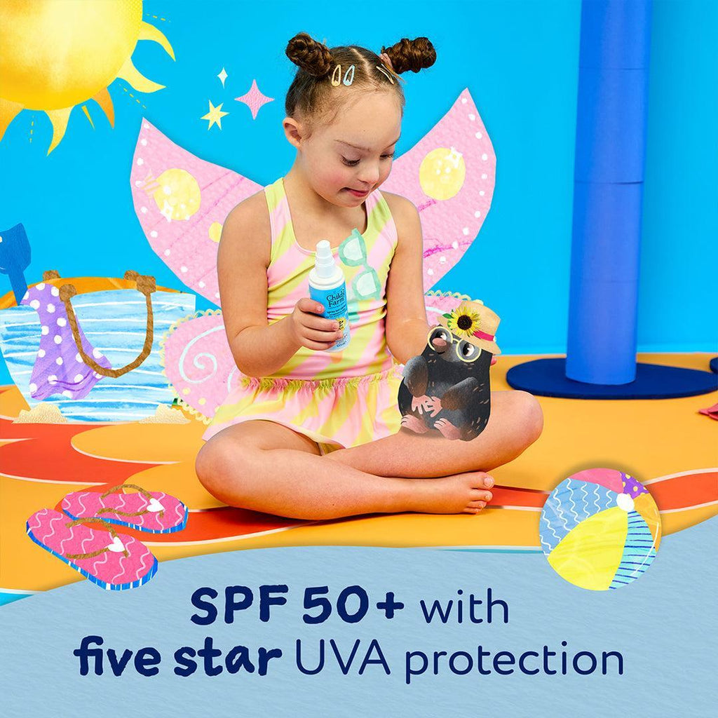 Childs Farm SPF50+ kids sun spray 100ml bottle detail