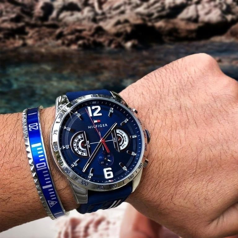 Tommy Hilfiger 1791476 blue sport watch close-up on wrist