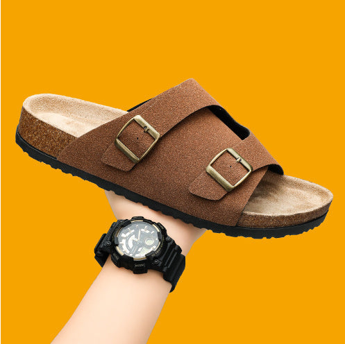 Kenike 821 yellow brown double-buckle cork suede sandals variant