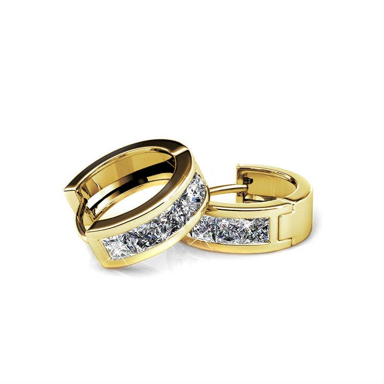 Gold square hoop earrings crystal detail