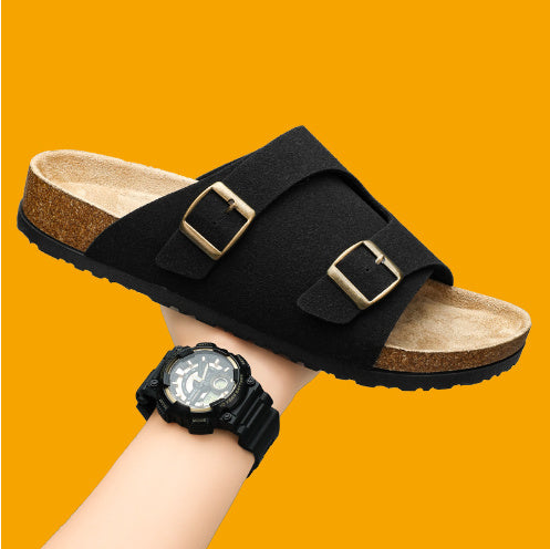 Kenike 821 black double-buckle cork suede sandals variant